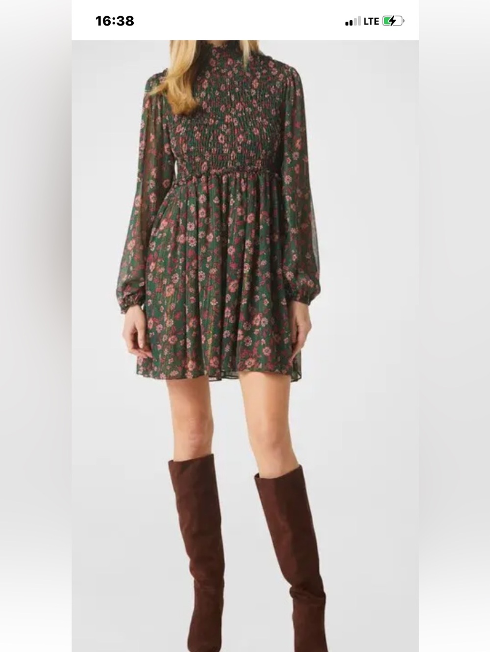 Misa Los Angeles Green Floral Smocked High-Neck Mini Dress with Pink Blooms